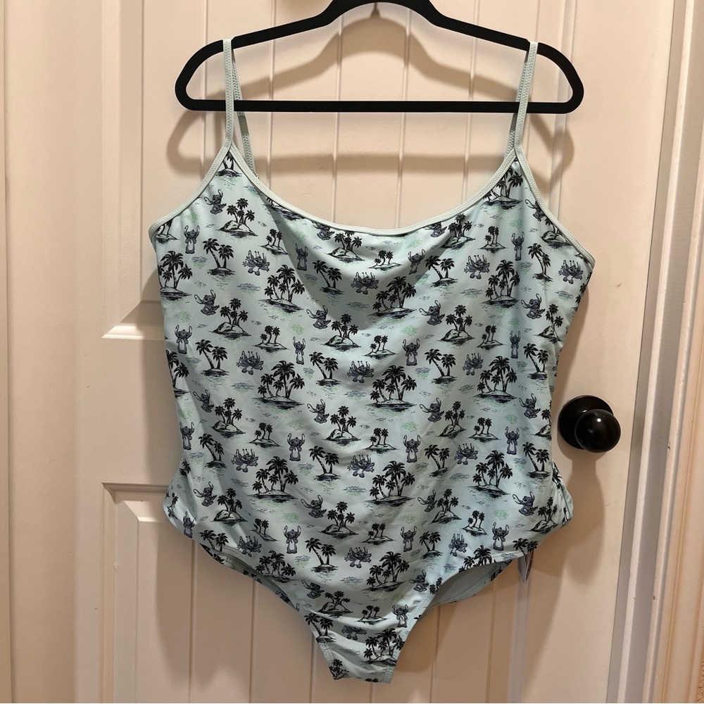 Plus Size Disney Women's Blue Stitch and Palm Trees One Piece Swimsuit - 2X